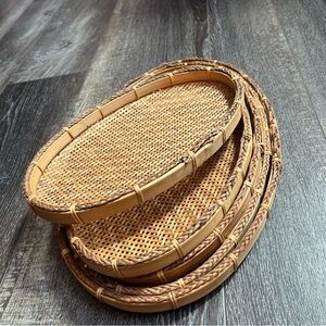 Vintage MCM Woven Bamboo & Rattan Oval Nesting Trays - Set of 
5